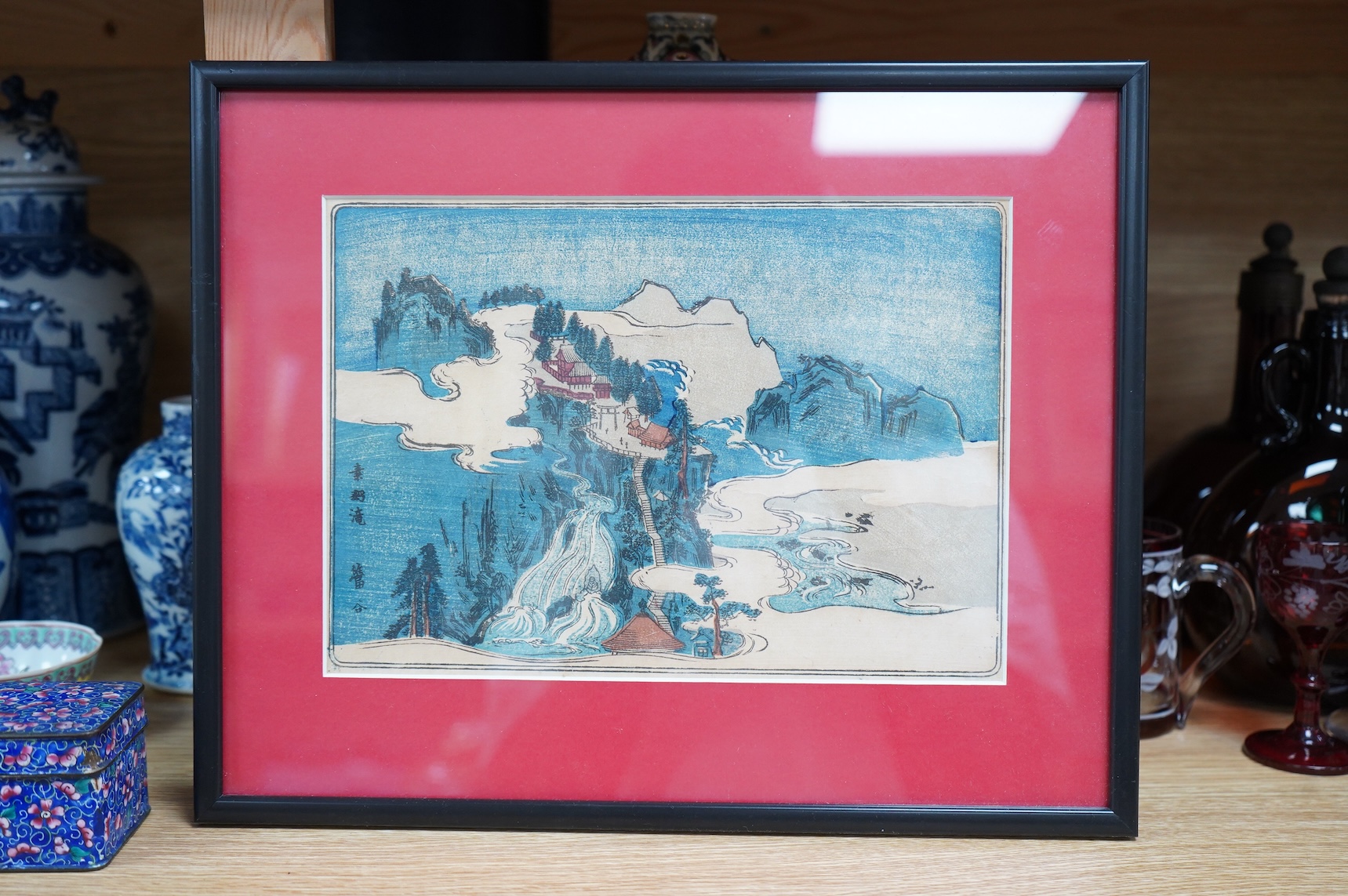 A set of four Japanese woodblock later reprints, Winter scenes, together with a later example, 18 x 25cm